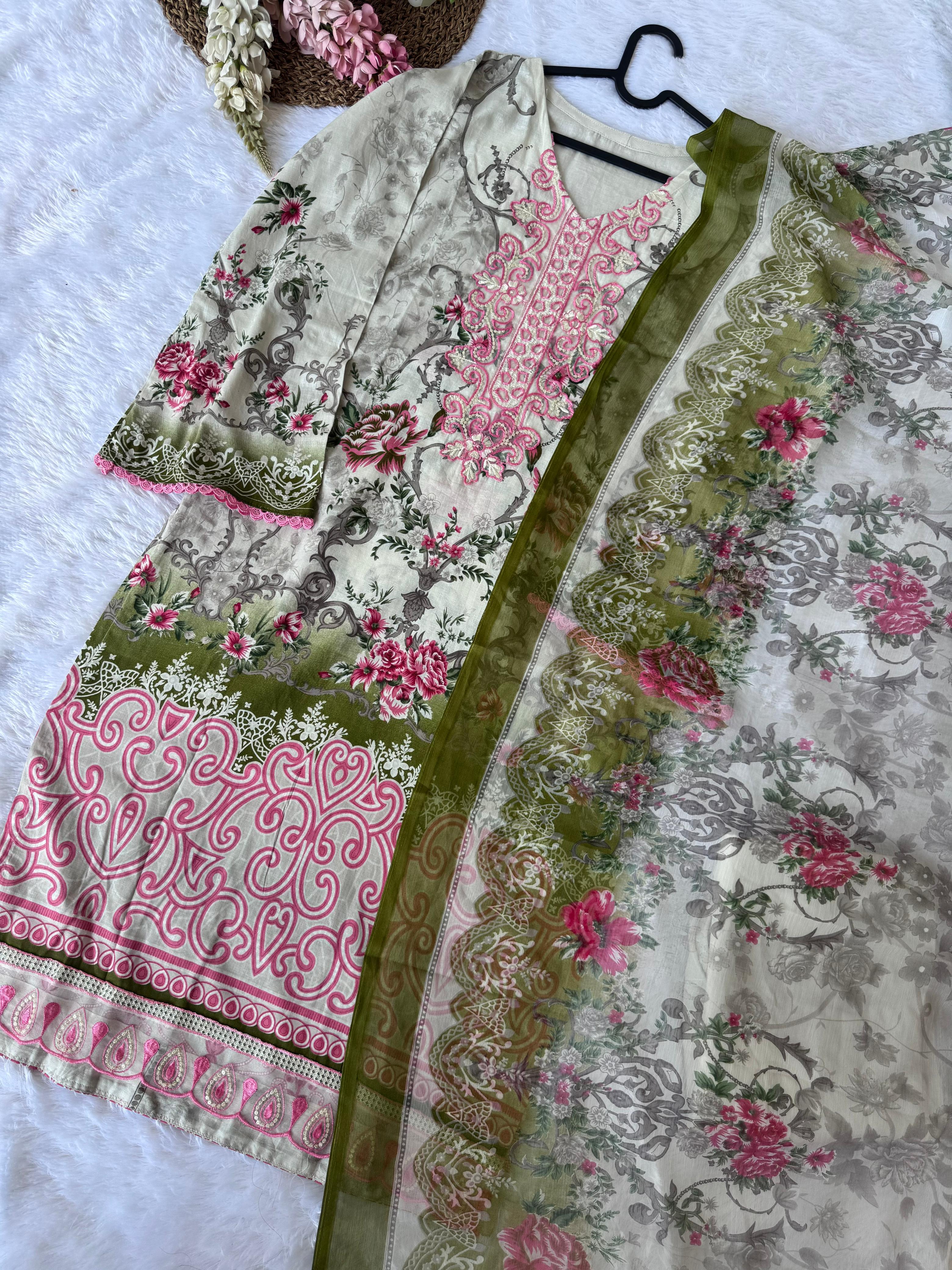 Readymade Pakistani suit with cotton top and chiffon dupatta - BLW-27