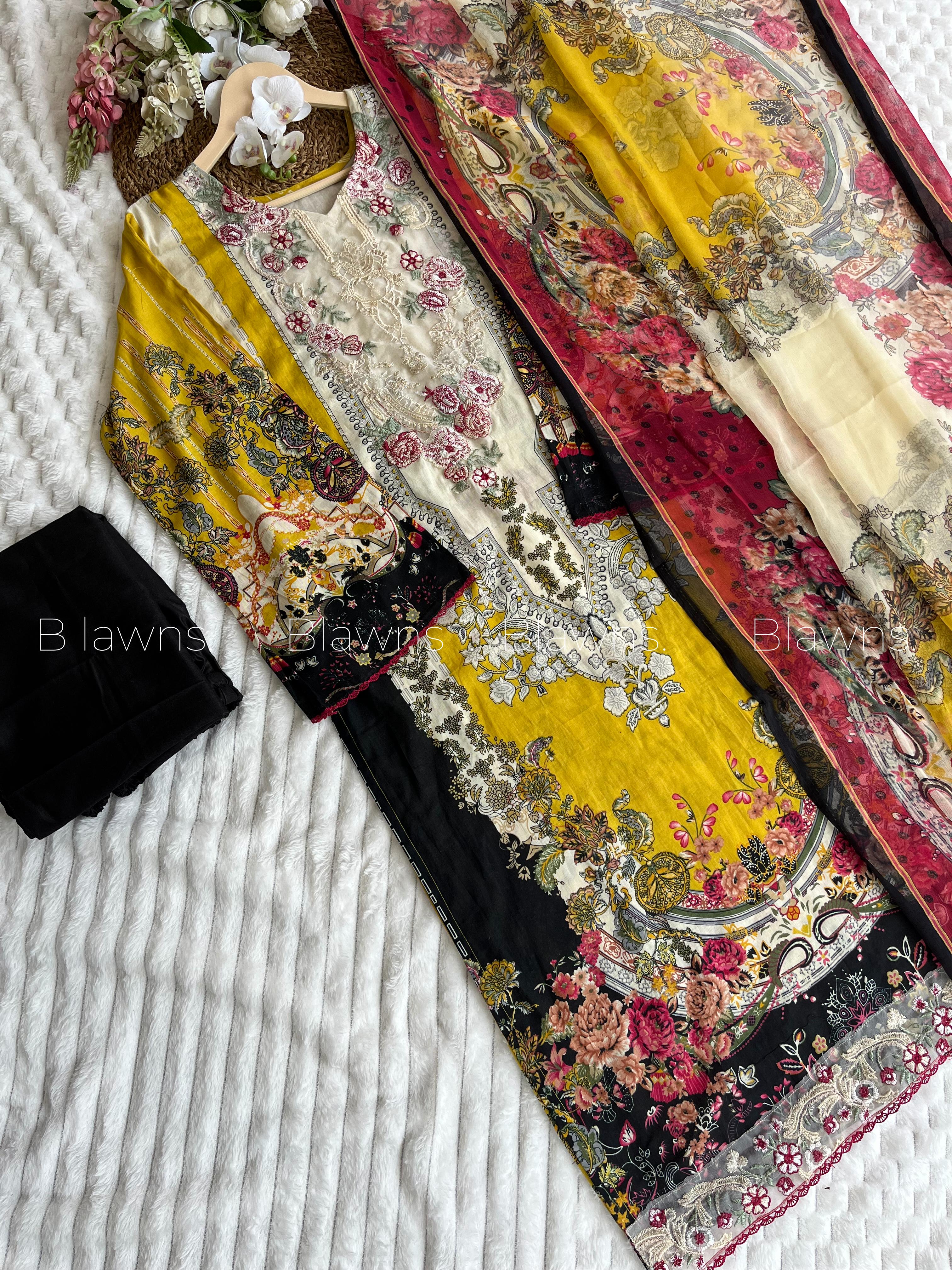 Readymade Pakistani suit with cotton top and chiffon dupatta - BLW-123